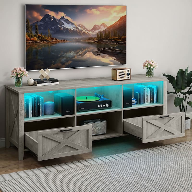 Moasis 70"/59" Farmhouse TV Stand for 80"/65" TV with Outlet and Lights