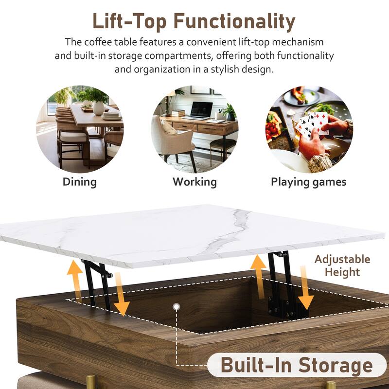 Roomfitters Modern Square Lift-Top Coffee Table Set with Hidden Storage, 4 Upholstered Ottomans, White & Walnut