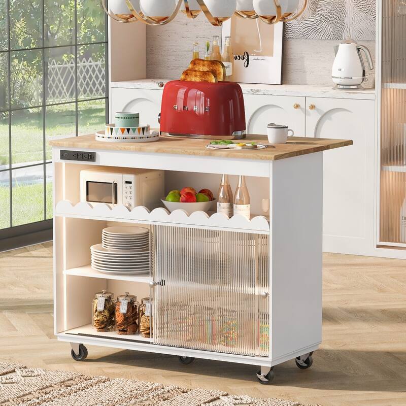 44 in. Rubber Wood Drop-Leaf Countertop Kitchen Island on 5 Wheels with Open Shelf and Wine Rack - White