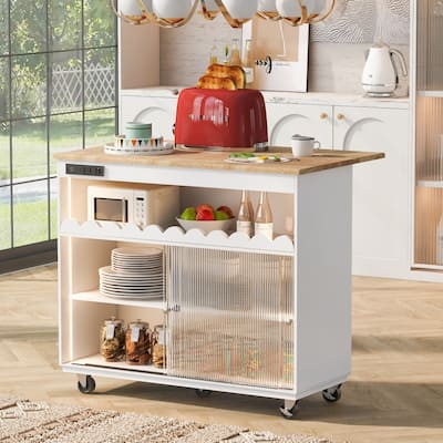 44 in. Rubber Wood Drop-Leaf Countertop Kitchen Island on 5 Wheels with Open Shelf and Wine Rack