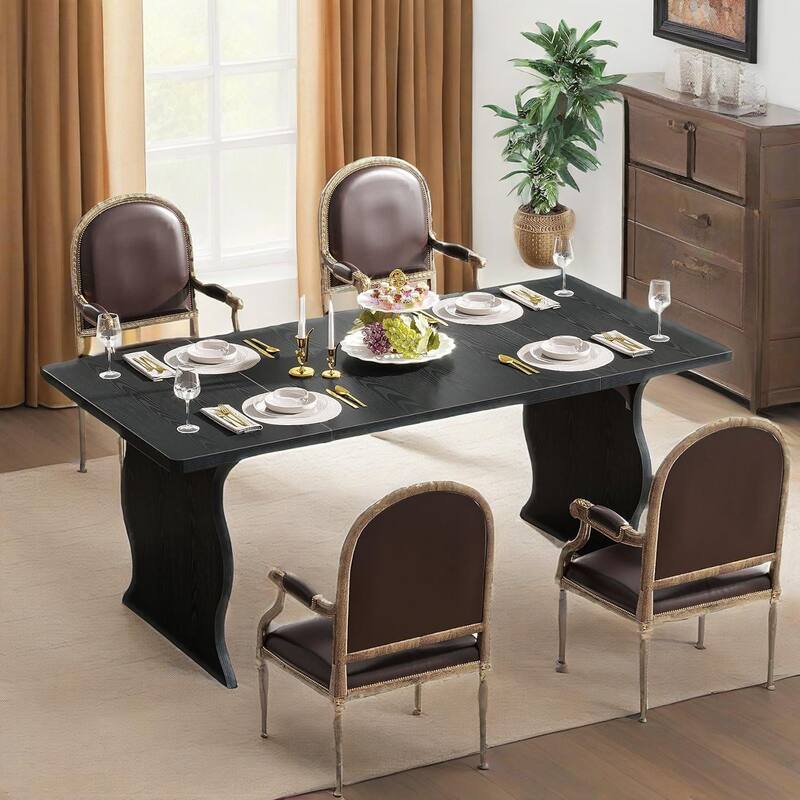 Modern Black Rectangular Dining Table 63 Inch MDF Scratch Resistant for 4 to 6 People with Adjustable Feet