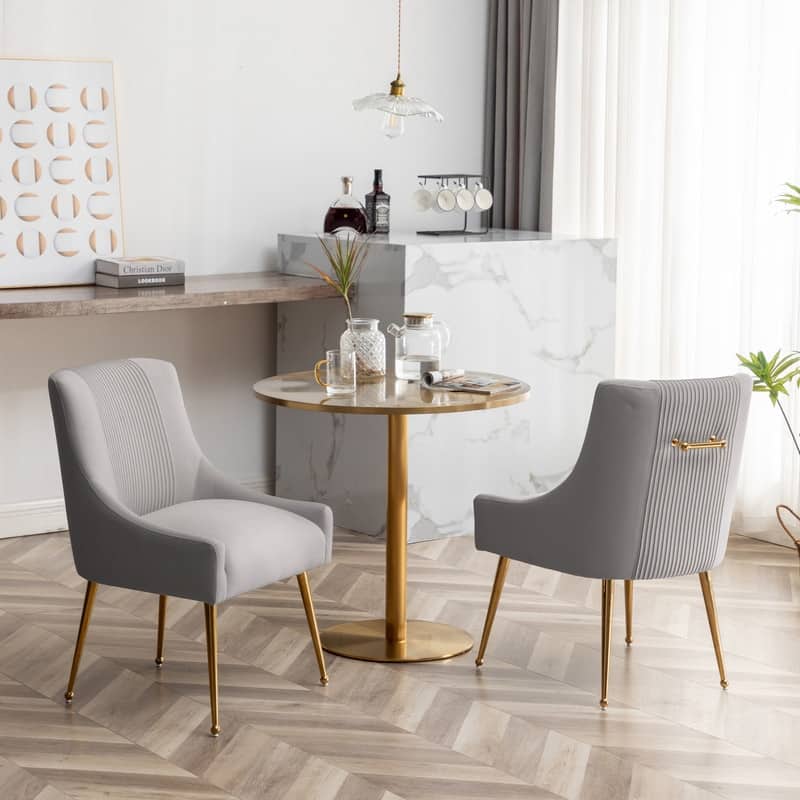 SEYNAR Modern Glam Boucle Pleated Velvet Dining Chair or Vanity Chair Set of 2 with Rear Handle - Grey