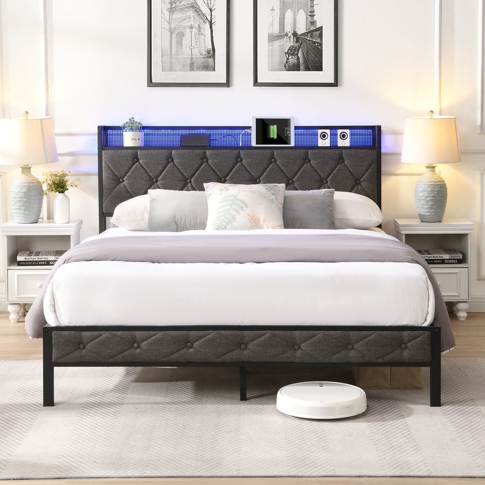 Tufted Upholstered Platform Bed, Heavy Duty Metal Slats Bed Frame, Storage Headboard with Charging Station and LED Lights