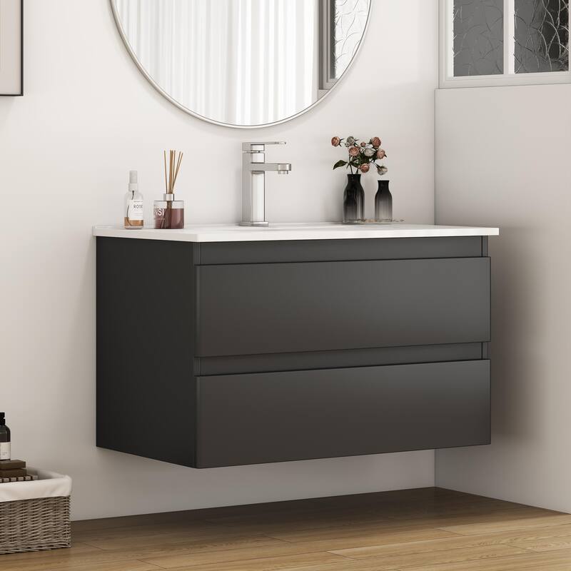32 Inch Floating Bathroom Vanity with One-piece Ceramic Sink, Wall Mounted Cabinet with 2 Drawers