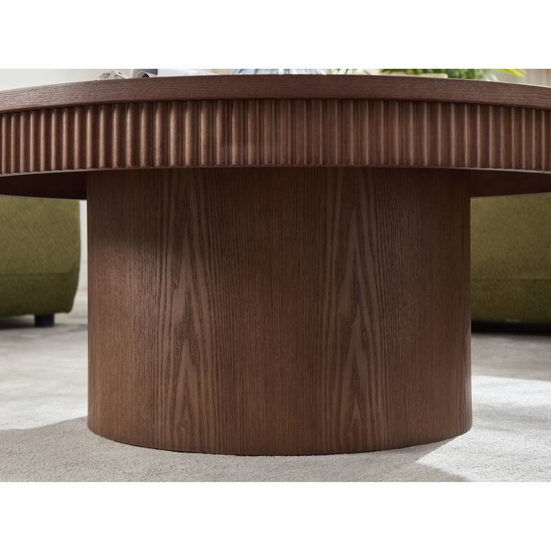 35.43 inch Walnut Round Coffee Table with Solid Wood Ribbed Wave Trim,MDF+ Wood Veneer Table for Living Room,Apartment,Office