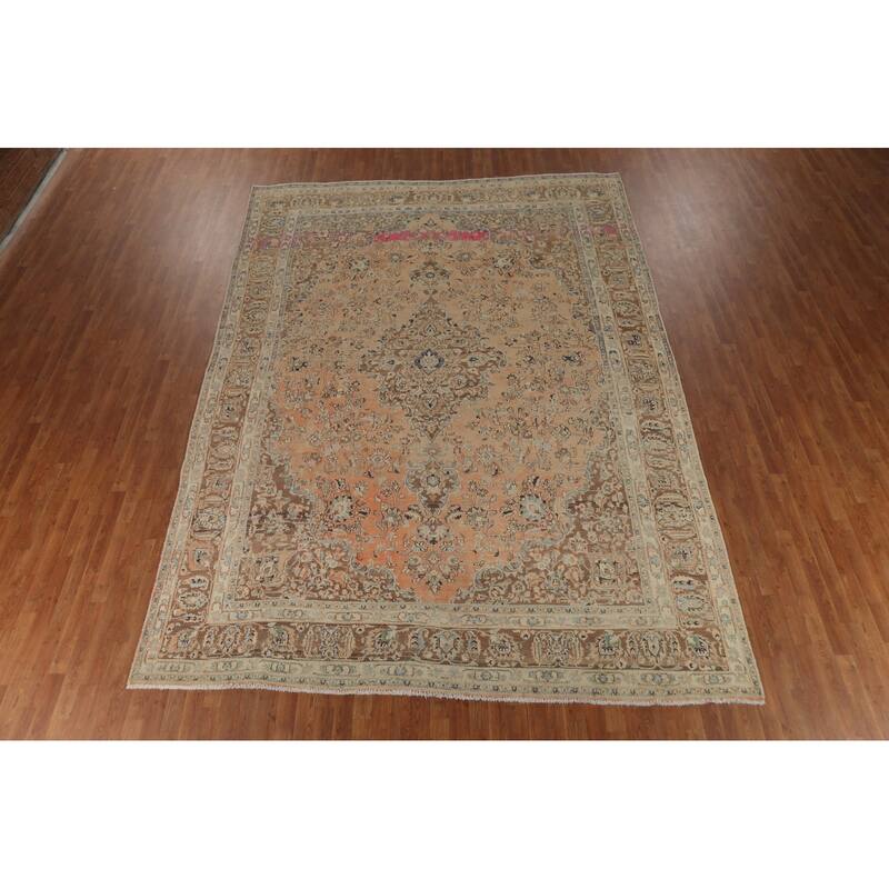 Orange Traditional Mashad Persian Vintage Rug Hand-Knotted Wool Carpet - 9'7"x 13'4"