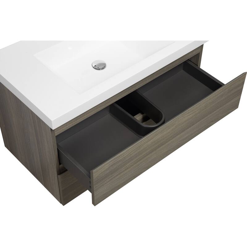 35.5-Inch Floating Bathroom Vanity with Glossy Resin Sink, Ash Grey Color, Wall-Mounted Design, 2 Drawers