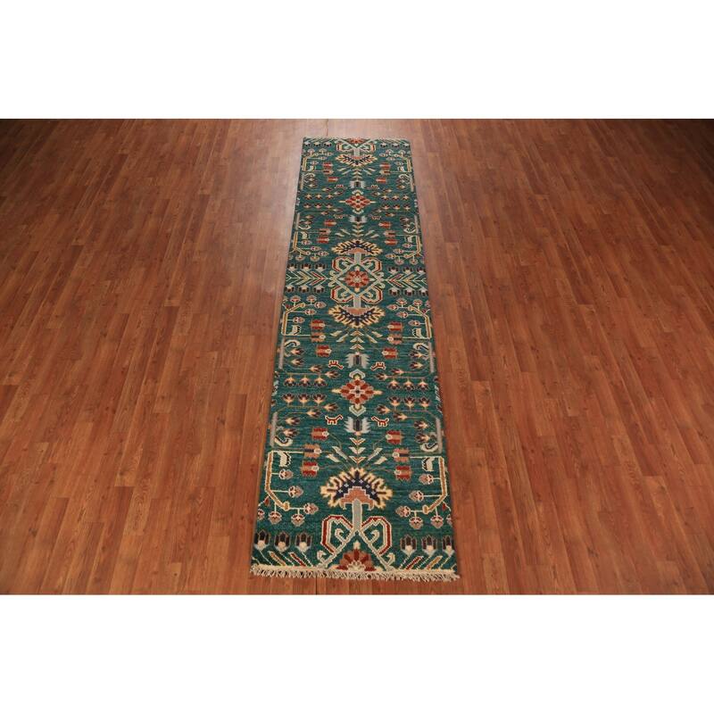 All-Over Green Kazak Indian Runner Rug Handmade Wool Carpet - 2'6"x 9'11"