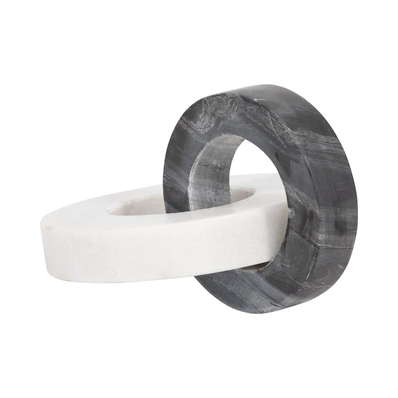 Sagebrook Home's Marble and Suar Wood 8" Double Ring in White/Black, Crafted Decorative Accessories - 8" x 5" x 6"