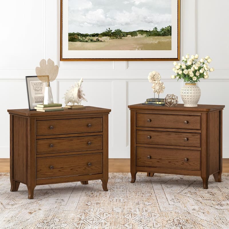3-Drawer Nightstand for Bedroom and Living Room - Walnut Color - 2 Pieces - 3-drawer