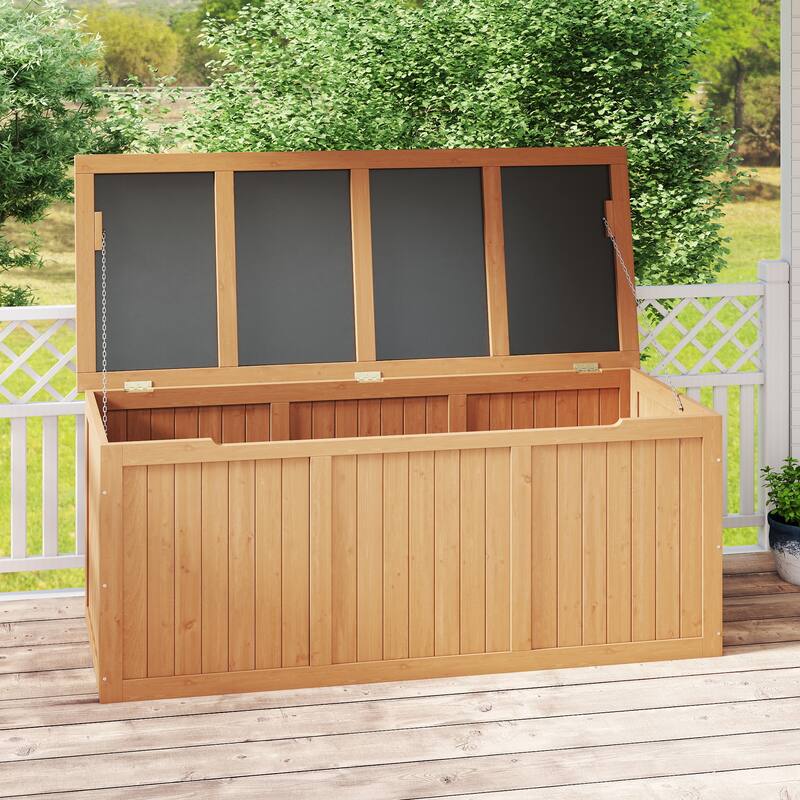 112 Gallon Outdoor Wooden Deck Box Solid Wood Storage Box Seat & Table Top for Patio Furniture Cushions, Pool Toys,Garden Tools