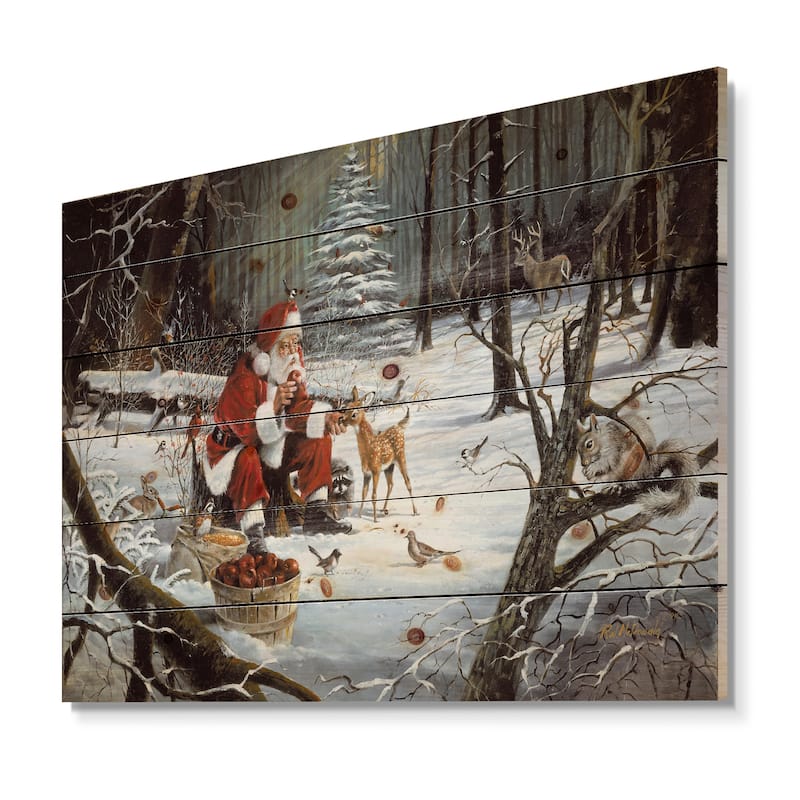 Designart 'Santa Claus with deer in snowy woods' Print on Natural Pine Wood - White