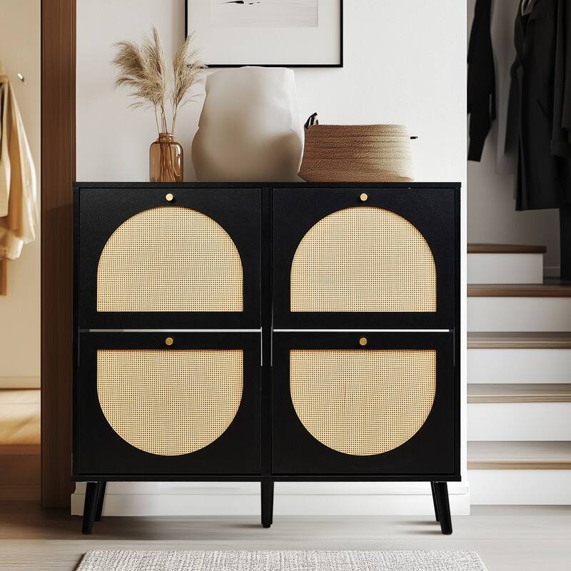 Rattan Shoe Cabinet with 2 / 4 Flip Drawers, Narrow Shoe Storage Cabinet,Organizer for Entryway, Bedroom, Living Room