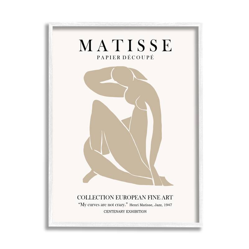 Stupell Neutral Silhouette Modern Woman Matisse Exhibition Text Framed Wall Art - Tan - 11 x 14 - White