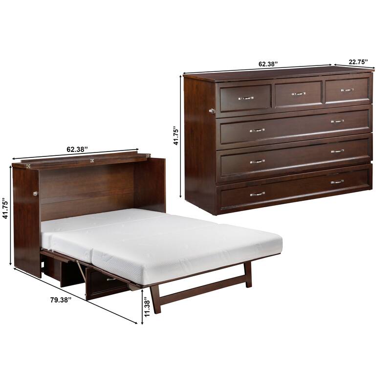 Deerfield Queen Murphy Bed Chest with 6" Mattress, Storage Drawer & Built-In Charger in Walnut