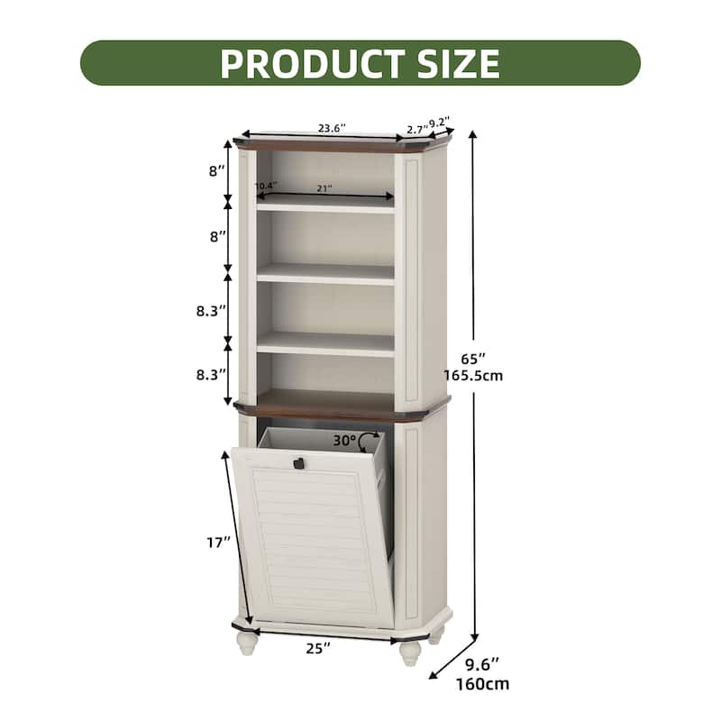 Moasis Farmhouse 4-Tier Storage Cabinet with Tilt Out Laundry Hamper and 2 Adjustable Shelves