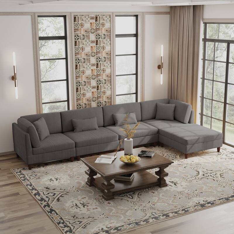 Corduroy Modular Sectional 5 Piece Sofa with Ottoman