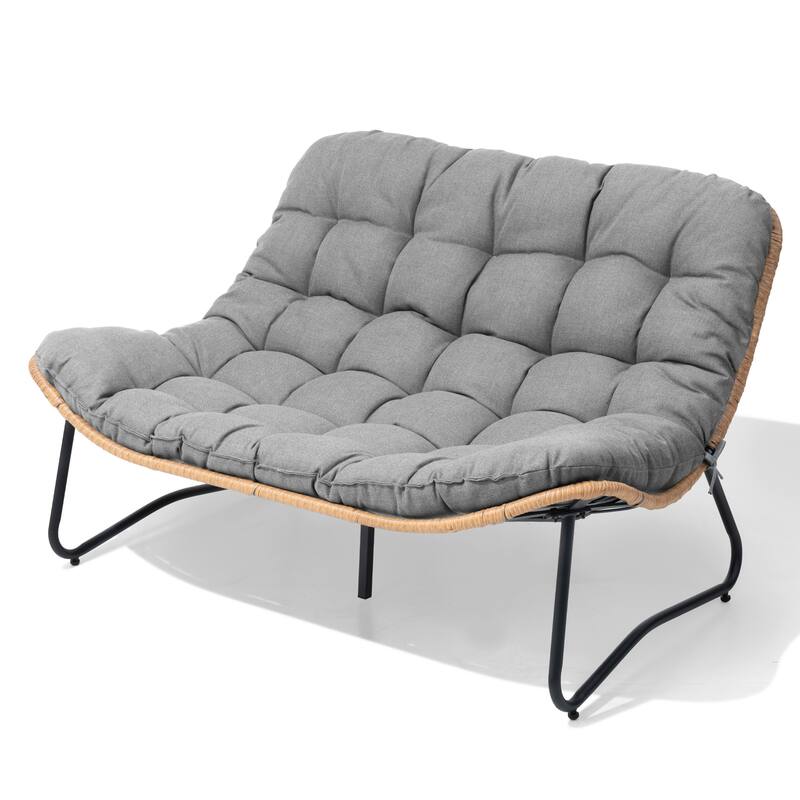 Double Papasan PE Rattan Chair Loveseat with Cushion For Indoor Outdoor