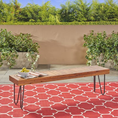 Jane Outdoor Acacia Wood and Iron Industrial Bench by Christopher Knight Home