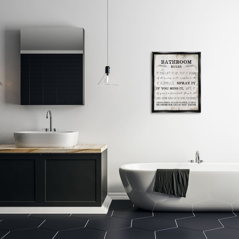Stupell Bathroom Rules Funny Word Wood Textured Design Floater Frame - Beige