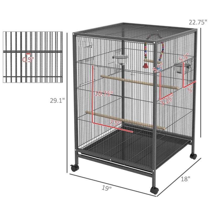 Gray Metal Bird Cage with Sliding Doors Perches Swing and Wheels for Small to Medium Birds - 19" L x 18" W x 29.25" H