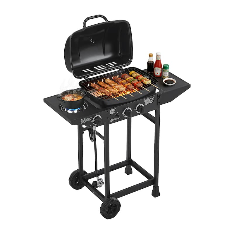 Anmytek 2-Burner Stainless Steel Propane Gas Grill with Side Burner 24000 BTU Enameled Grates Side Tables
