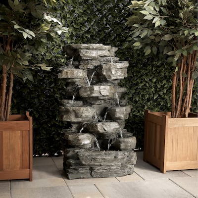 Alpine Corporation WIN930 Outdoor Floor Multi-Tiered Cascading Rock Garden Water Fountain with LED Lights, 39", Green
