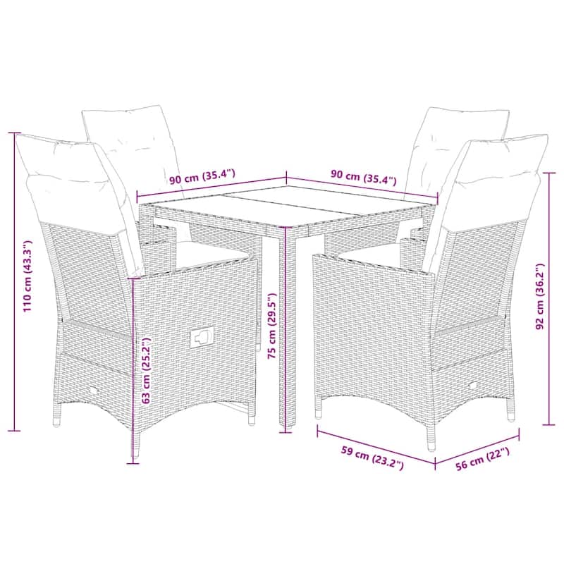 vidaXL 5 Piece Patio Dining Set with Cushions Brown Poly Rattan - 79.4x36.2x100.8