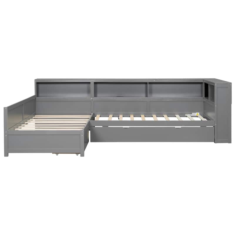 Wooden L-shaped Bed Frame Built-in Storage Cabinets Twin Size Platform Bed with Trundle Bed and Drawer, Storage Captains Bed