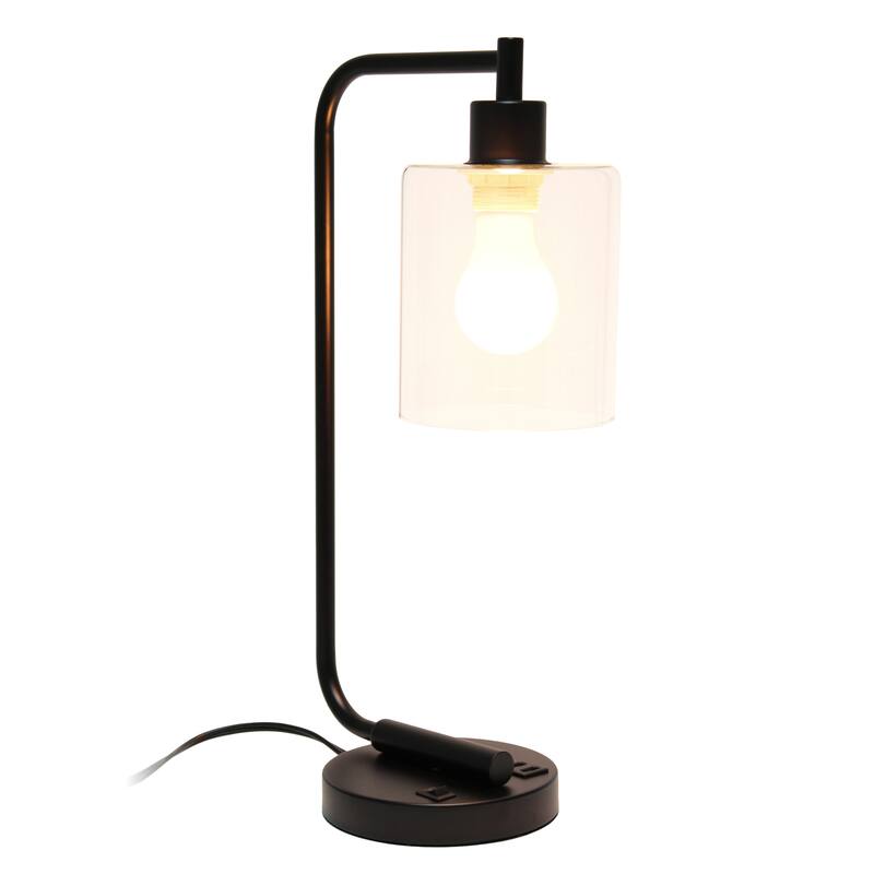 Simple Designs 18.8" Iron Lantern Desk Table Lamp with USB Port, Antique Brass, With LED Bulb
