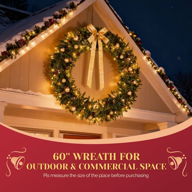 4Pre-lit Christmas Wreath with Warm White Lights and DIY Ornaments for Front Door Gate Wall Xmas Party Decorations