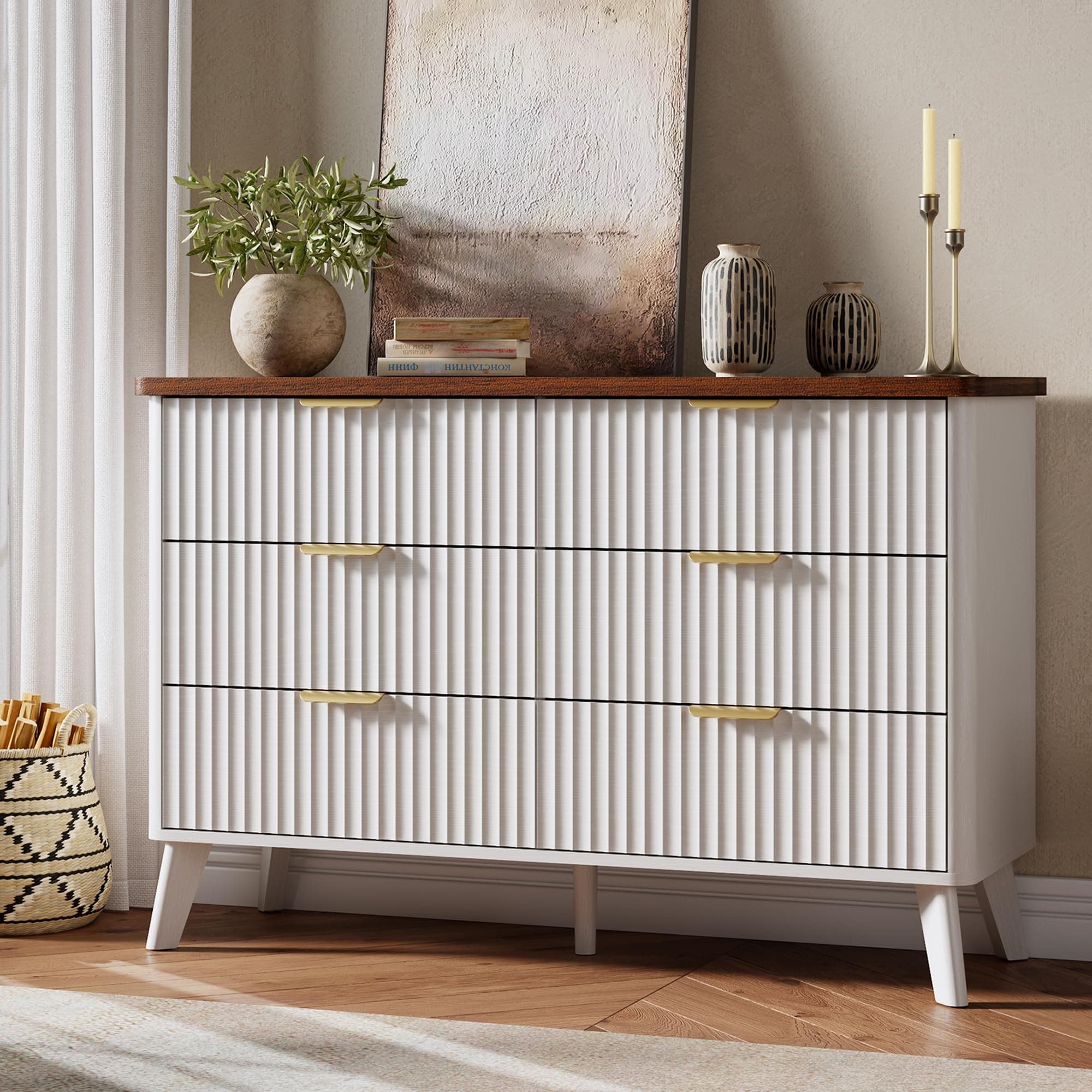 Fluted Wide Modern Chest with Deep Drawers, Wooden Dresser TV Stand Curved for Living Room Kids Room Hallway