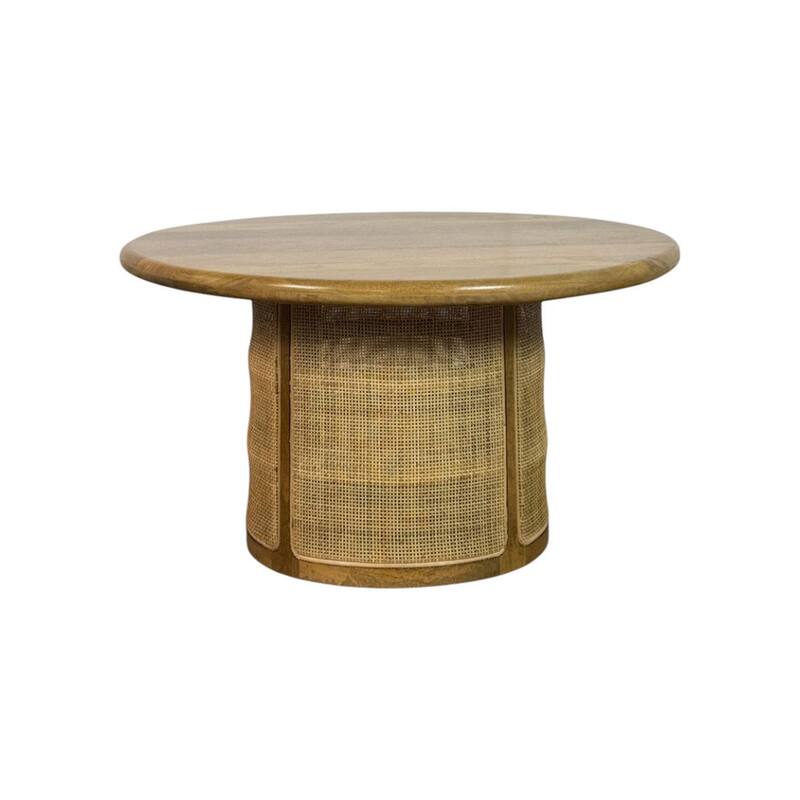 Marlowe Drum-Style Coffee Table - Solid Blonde Acacia Wood Top with Handwoven Cane Drum Base Table