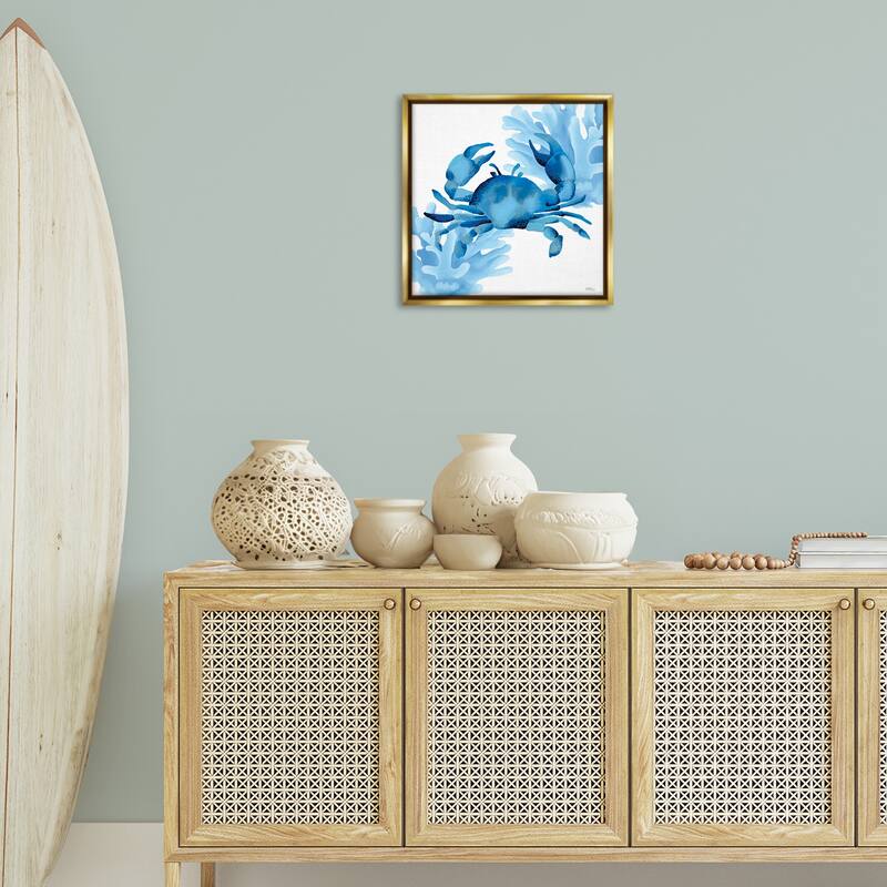 Stupell Blue Tone Crab & Coral Framed Floater Canvas Wall Art Design By Cat Thurman Designs