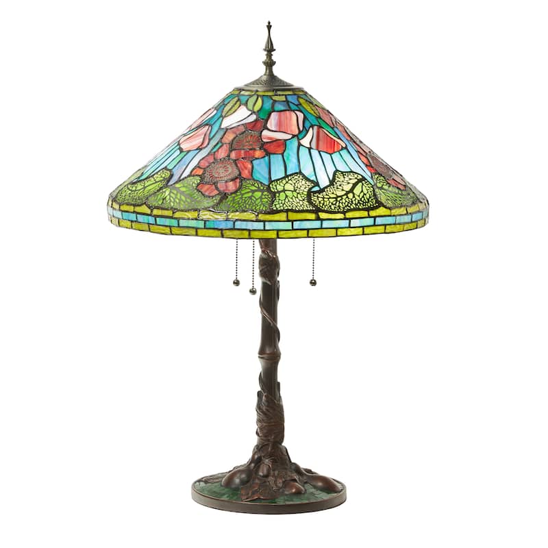 Poppies River of Goods Tiffany-Style Red, Green and Amber Stained Glass 29.5-Inch Table Lamp - 19.5" x 19.5" x 29.5" - 19.5" x 19.5" x 29.5" - Red/Green/Amber/Antique Bronze