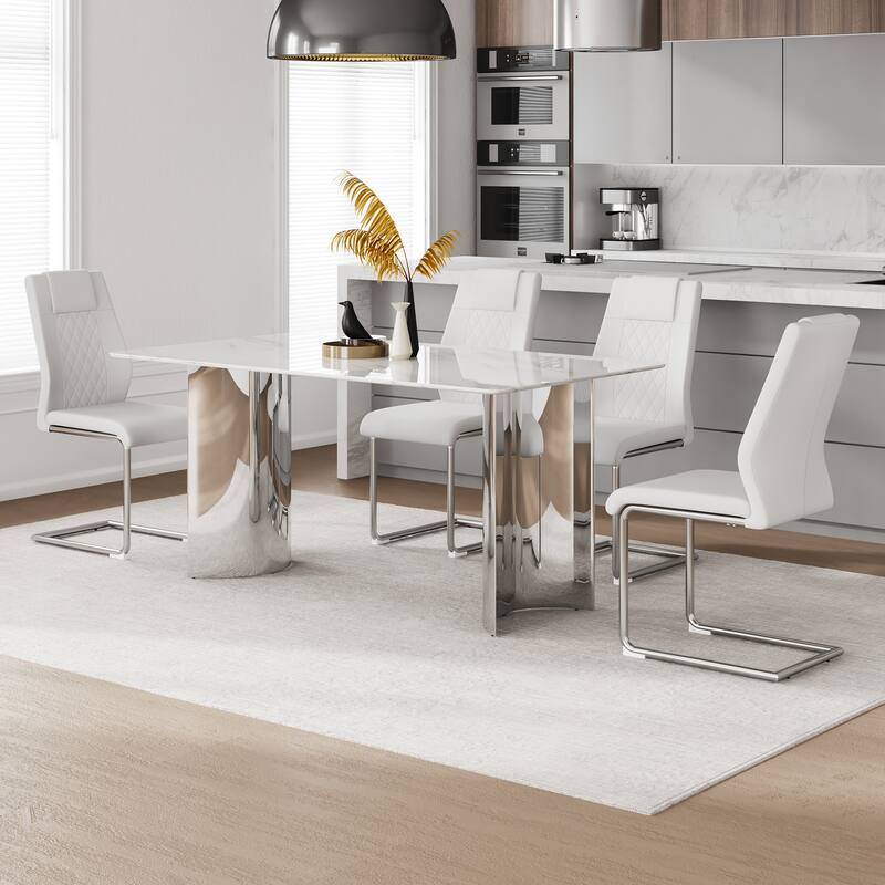 Kitchen Rectangle Dining Table Set for 4, 63" Faux Marble Glass Table with Stainless Steel Legs and PU Upholstered Chairs