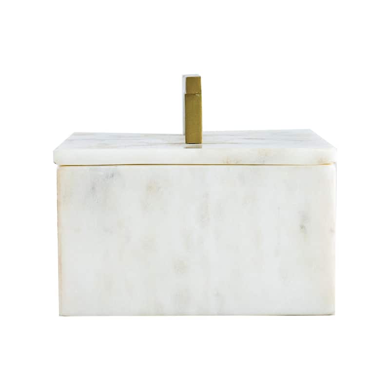 Rectangular Marble Box with Brass Finish Handle - 7" - White