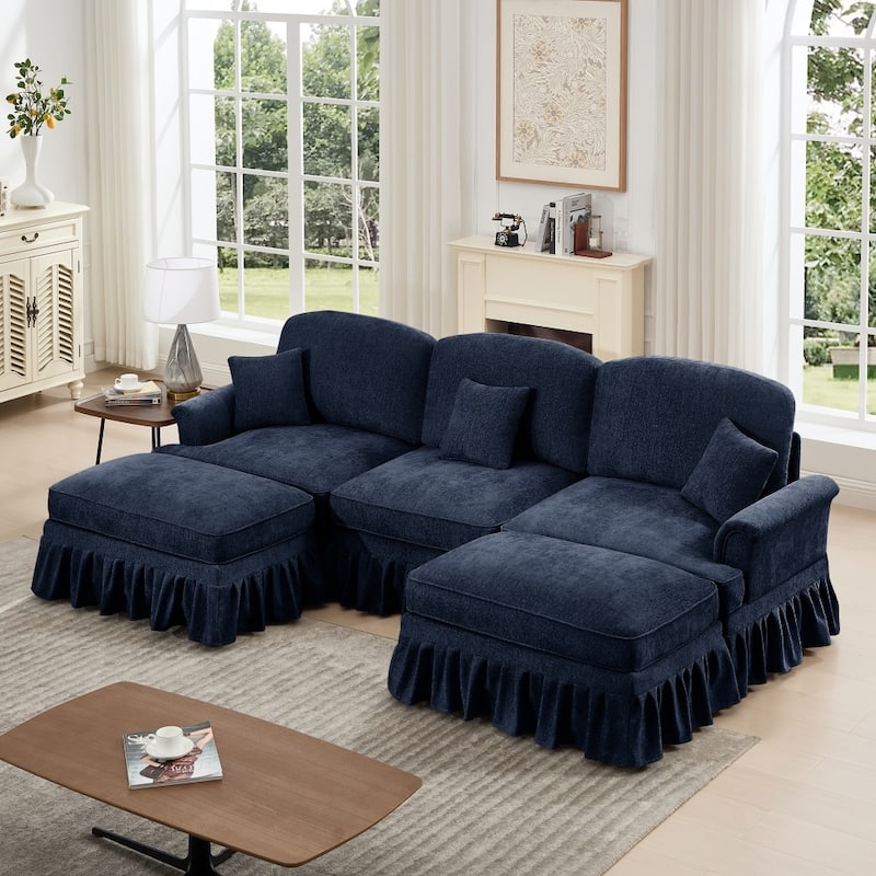 U-shaped Classic Modular Comfy Sectional Sofa with Ottomans & Ruffles Pleats Skirts