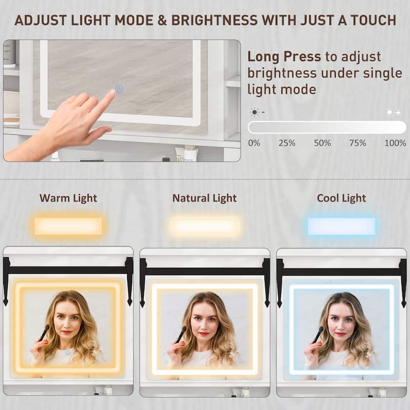 HOMCOM Vanity Desk with Mirror and Lights, 42" Glass Top Makeup Vanity Table Set with 3 Color Lighting, Shelves for Bedroom