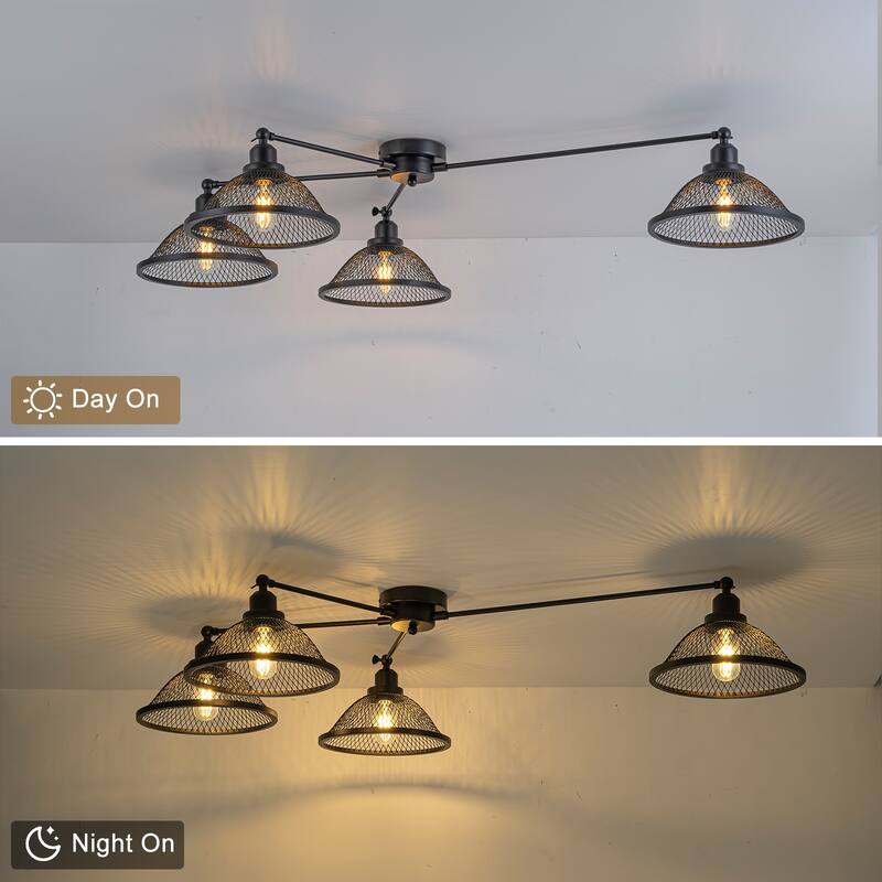 4 Lights Industrial Cone Shaped Iron Mesh Flush Mount Ceiling Light - Dia.47.24-in