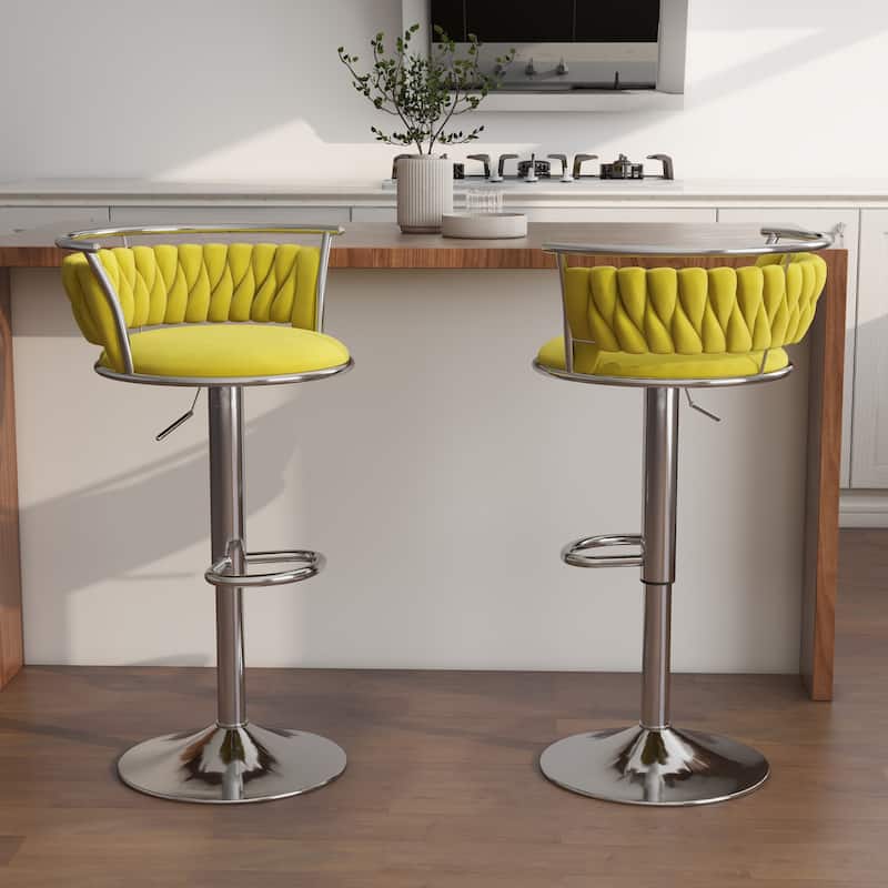 Modern Velvet Adjustable Swivel Bar Stools Set of 2 - OliveDrab-Silver