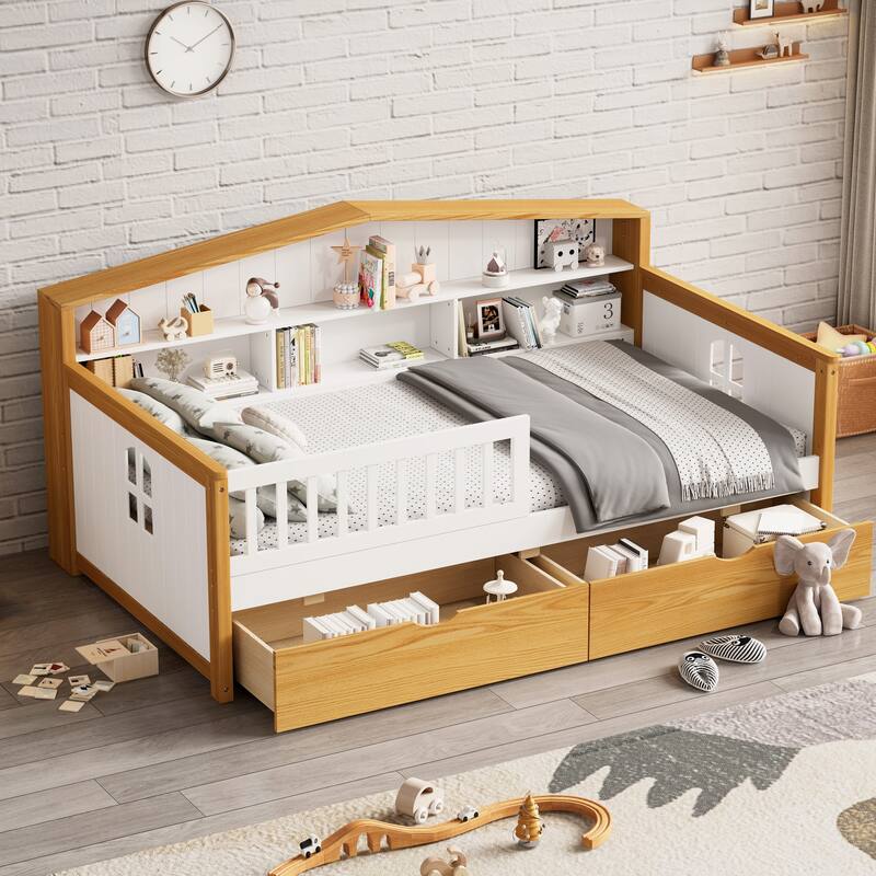 Wooden Daybed Bed Frame with Two Drawers - Twin