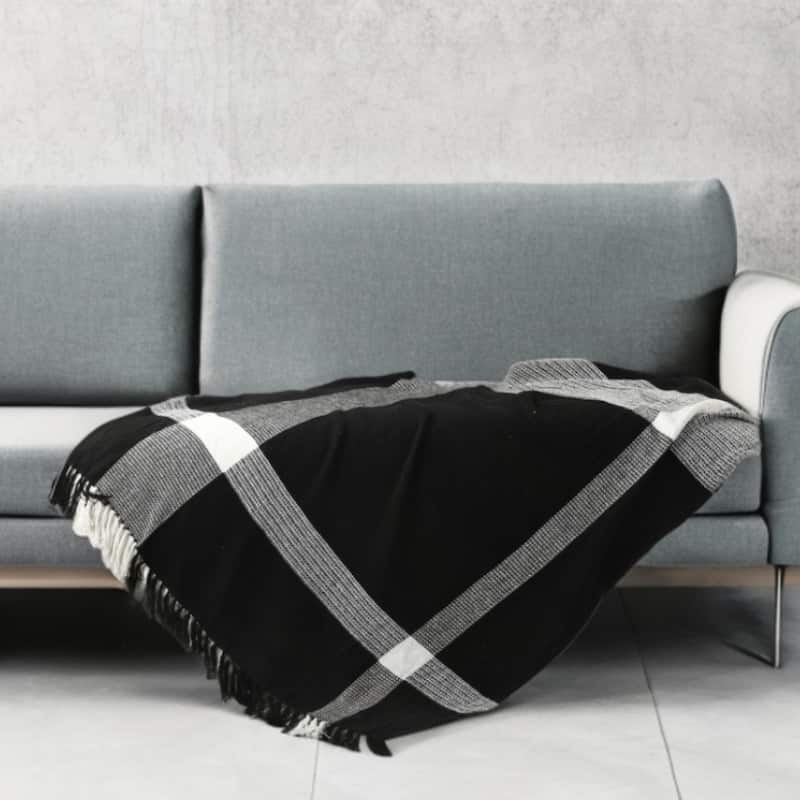 Black and White Woven Cotton Checkered Throw Blanket - Throw