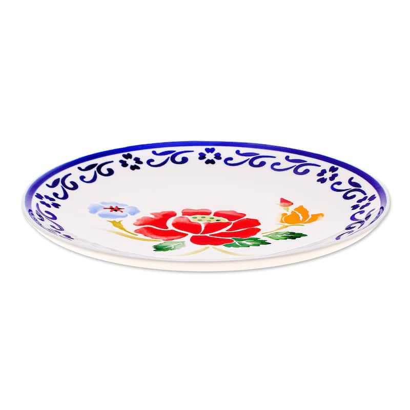 Novica Handmade Poppy Garden In Blue Ceramic Dinner Plate
