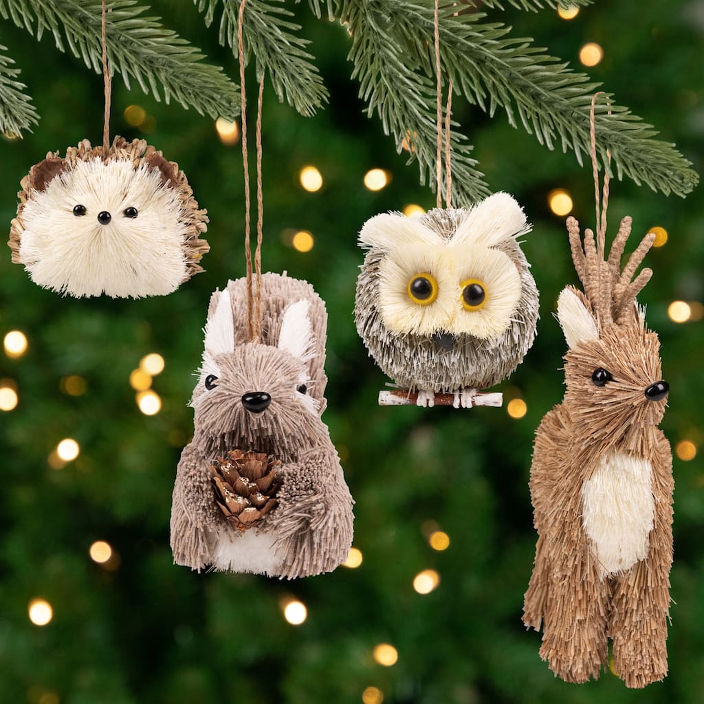 Woodland Critters Christmas Ornaments - 6" - Ivory and Brown - Set of 4