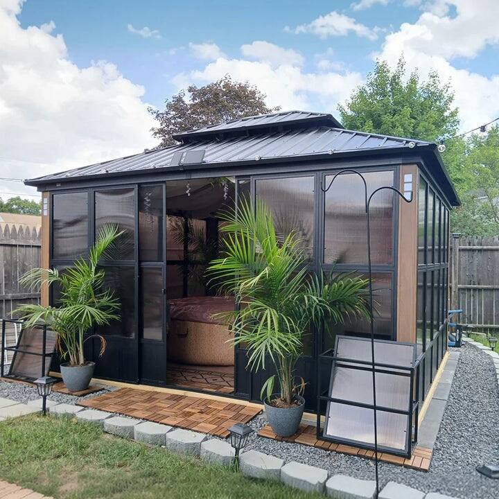 PURPLE LEAF Double Top Outdoor Sunroom Screen House Patio Hardtop Gazebo Wood Grain