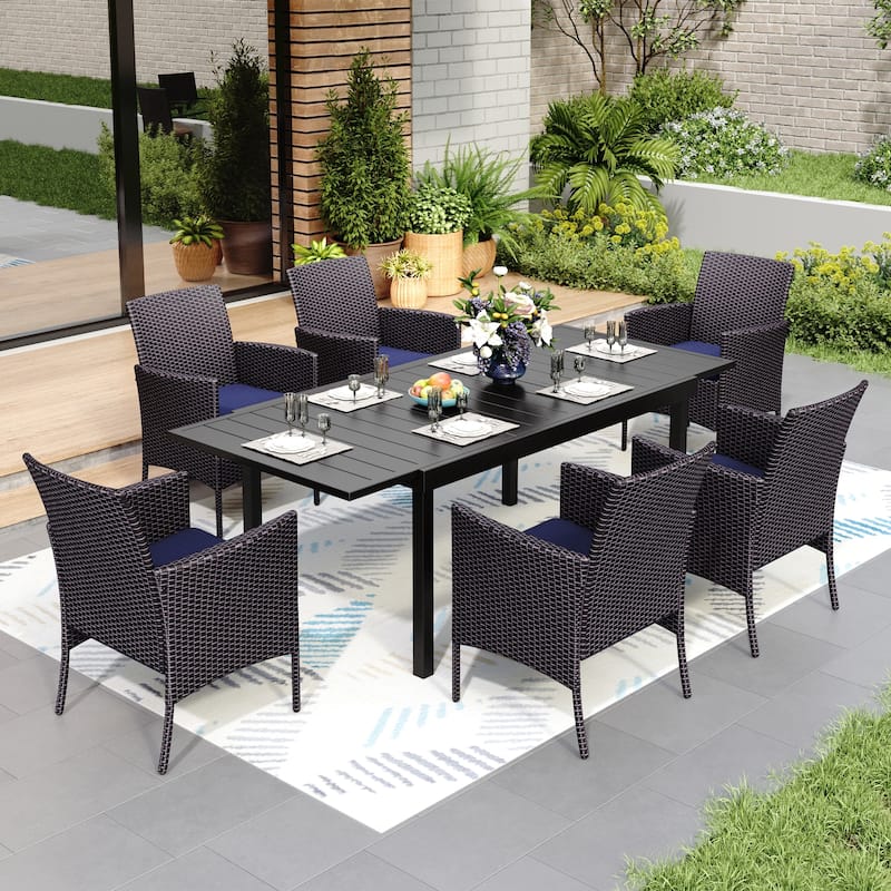 7/9 Patio Dining Set, Expendable Rectangular Outdoor Dining Table with Rattan Chairs - 7-Piece Crescent Chairs