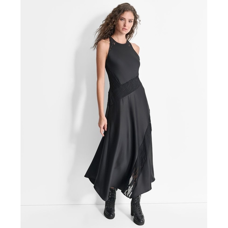 DKNY Lace Panel Satin Maxi Dress - 0 - Black