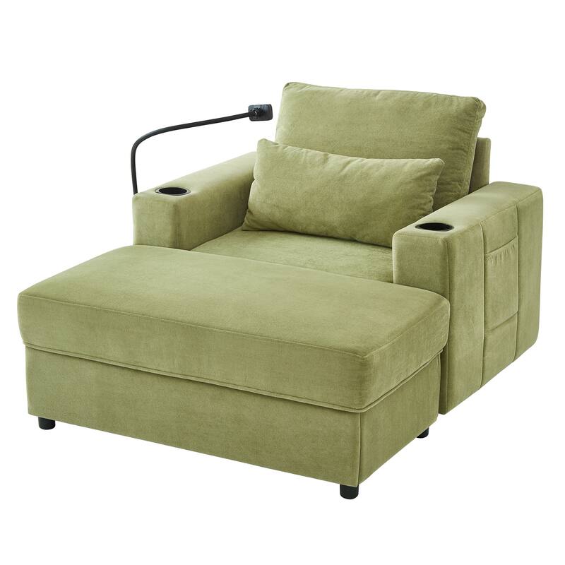 Anmytek Green 42.5 Inch Modern Chaise Lounge with Movable Storage Ottoman Dual USB Ports Phone Holder Side Pockets