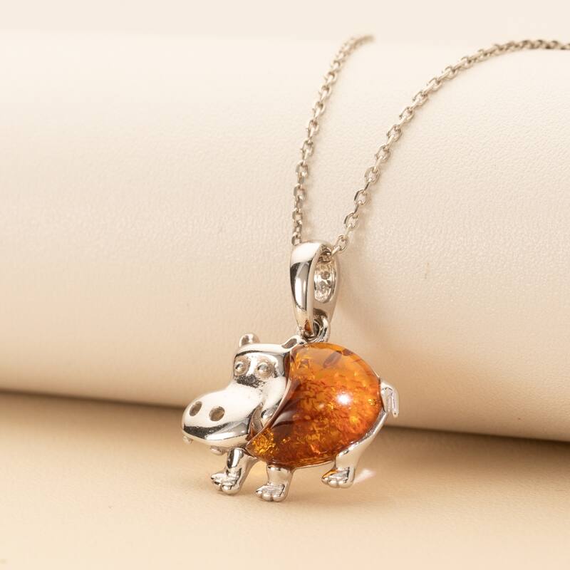 Amber Hippo Animal Pendant in Sterling Silver